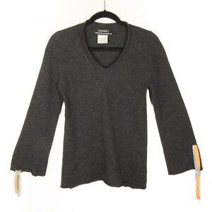 Vintage Chanel Identification Line Dark Grey Cashmere V Neck Pullover Sweater